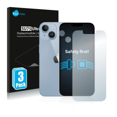 Vorderseite einer Produktverpackung mit dem Markenlogo Savvies. Daneben ist das Gerät Apple iPhone 14 (Display+Kamera) mit dem