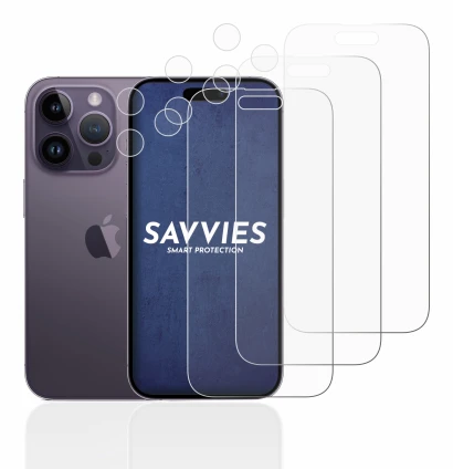 Abbildung des Geräts Apple iPhone 14 Pro (Display+Kamera) mit einer Vielzahl des Displayschutzes.