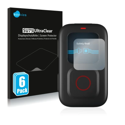 Vorderseite einer Produktverpackung mit dem Markenlogo Savvies. Daneben ist das Gerät GoPro Remote mit dem zugehörigen Display