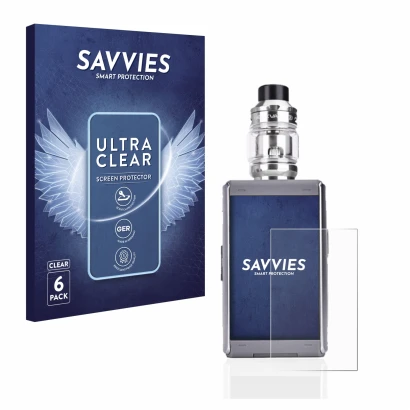 Vorderseite einer Produktverpackung mit dem Markenlogo Savvies. Daneben ist das Gerät GeekVape T200 mit dem zugehörigen Displa