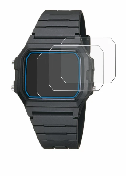 Abbildung des Geräts Casio F-105W-1AWYEF mit einer Vielzahl des Displayschutzes.