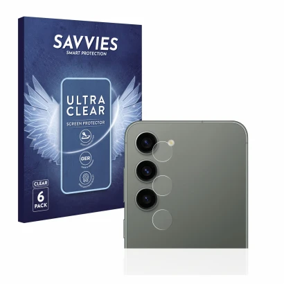 Vorderseite einer Produktverpackung mit dem Markenlogo Savvies. Daneben ist das Gerät Samsung Galaxy S23 (NUR Kameraschutz) mi