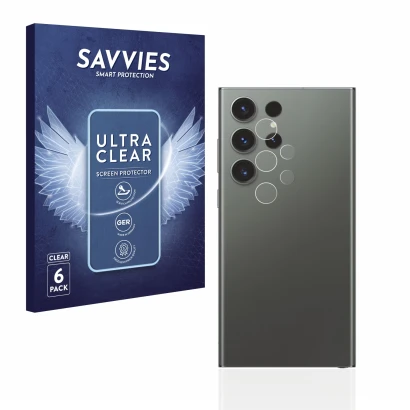 Vorderseite einer Produktverpackung mit dem Markenlogo Savvies. Daneben ist das Gerät Samsung Galaxy S23 Ultra (NUR Kameraschu