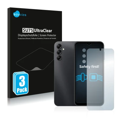 Vorderseite einer Produktverpackung mit dem Markenlogo Savvies. Daneben ist das Gerät Samsung Galaxy A14 5G (Display+Kamera) m