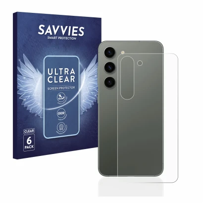 Vorderseite einer Produktverpackung mit dem Markenlogo Savvies. Daneben ist das Gerät Samsung Galaxy S23 (Rückseite) mit dem z