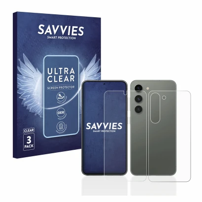 Vorderseite einer Produktverpackung mit dem Markenlogo Savvies. Daneben ist das Gerät Samsung Galaxy S23 (Display+Rückseite) m