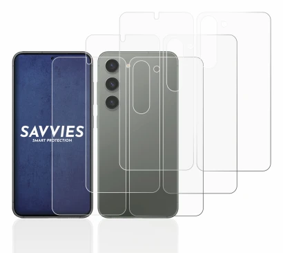 Abbildung des Geräts Samsung Galaxy S23 (Display+Rückseite) mit einer Vielzahl des Displayschutzes.