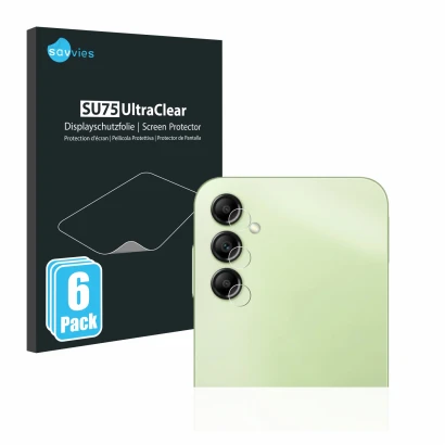 Vorderseite einer Produktverpackung mit dem Markenlogo Savvies. Daneben ist das Gerät Samsung Galaxy A14 4G (NUR Kameraschutz)