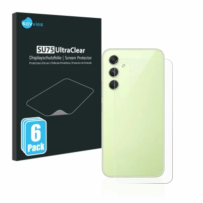 Vorderseite einer Produktverpackung mit dem Markenlogo Savvies. Daneben ist das Gerät Samsung Galaxy A54 5G (Rückseite) mit de