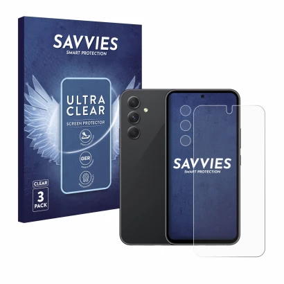 Vorderseite einer Produktverpackung mit dem Markenlogo Savvies. Daneben ist das Gerät Samsung Galaxy A54 5G (Display+Kamera) m