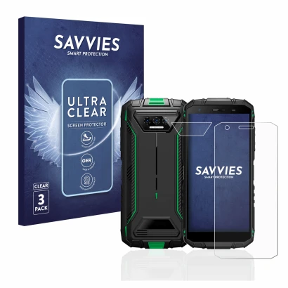 Vorderseite einer Produktverpackung mit dem Markenlogo Savvies. Daneben ist das Gerät Doogee S41 Pro (Display+Kamera) mit dem 