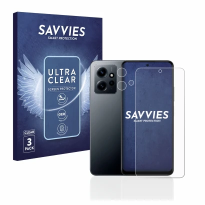 Vorderseite einer Produktverpackung mit dem Markenlogo Savvies. Daneben ist das Gerät Xiaomi Redmi Note 12 4G (Display+Kamera)