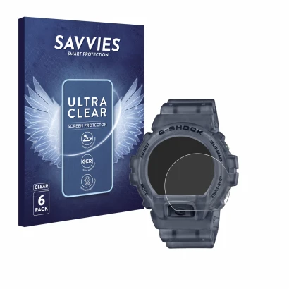 Vorderseite einer Produktverpackung mit dem Markenlogo Savvies. Daneben ist das Gerät Casio G-Shock DW-6900 mit dem zugehörige