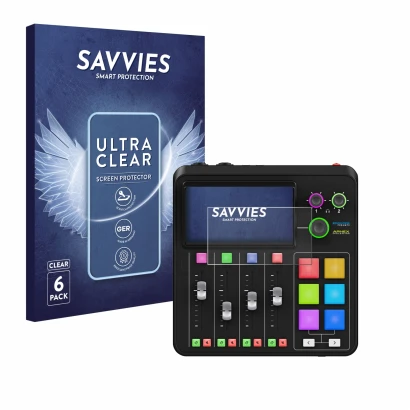 Vorderseite einer Produktverpackung mit dem Markenlogo Savvies. Daneben ist das Gerät Rode Rodecaster Duo mit dem zugehörigen 