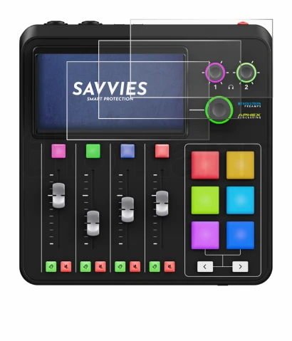 Abbildung des Geräts Rode Rodecaster Duo mit einer Vielzahl des Displayschutzes.