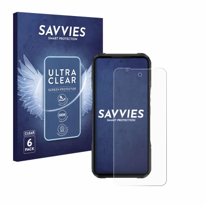 Vorderseite einer Produktverpackung mit dem Markenlogo Savvies. Daneben ist das Gerät Doogee V20 Pro mit dem zugehörigen Displ