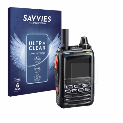 Vorderseite einer Produktverpackung mit dem Markenlogo Savvies. Daneben ist das Gerät Yaesu FT-5DE/DR mit dem zugehörigen Disp