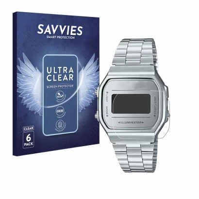 Vorderseite einer Produktverpackung mit dem Markenlogo Savvies. Daneben ist das Gerät Casio A168WEM-7EF mit dem zugehörigen Di
