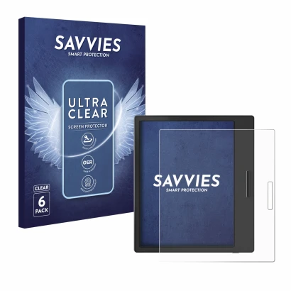 Vorderseite einer Produktverpackung mit dem Markenlogo Savvies. Daneben ist das Gerät Boox Page mit dem zugehörigen Displaysch