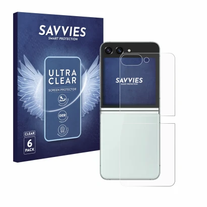 Vorderseite einer Produktverpackung mit dem Markenlogo Savvies. Daneben ist das Gerät Samsung Galaxy Z Flip 5 (Rückseite) mit 