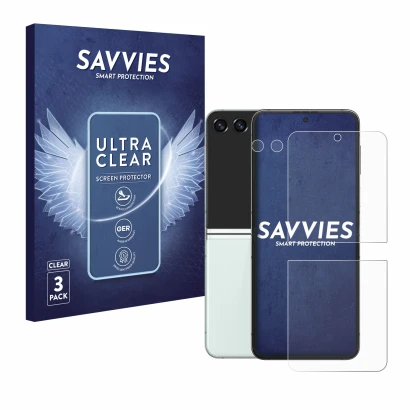 Vorderseite einer Produktverpackung mit dem Markenlogo Savvies. Daneben ist das Gerät Samsung Galaxy Z Flip 5 (Display+Kamera)