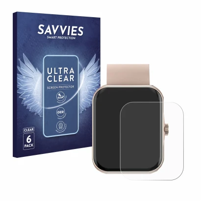 Vorderseite einer Produktverpackung mit dem Markenlogo Savvies. Daneben ist das Gerät Mutoy Smartwatch 1.83" mit dem zugehörig
