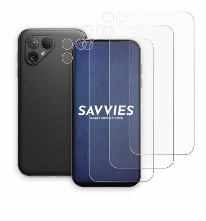 Abbildung des Geräts Fairphone 5 (Display+Kamera) mit einer Vielzahl des Displayschutzes.