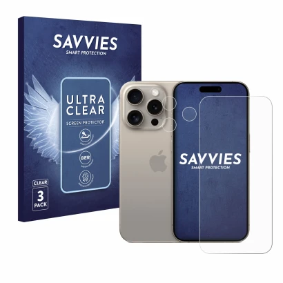 Vorderseite einer Produktverpackung mit dem Markenlogo Savvies. Daneben ist das Gerät Apple iPhone 15 Pro (Display+Kamera) mit