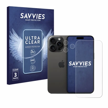 Vorderseite einer Produktverpackung mit dem Markenlogo Savvies. Daneben ist das Gerät Apple iPhone 15 Pro Max (Display+Kamera)