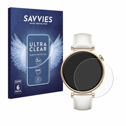 Vorderseite einer Produktverpackung mit dem Markenlogo Savvies. Daneben ist das Gerät Huawei Watch GT 4 (41mm) mit dem zugehör