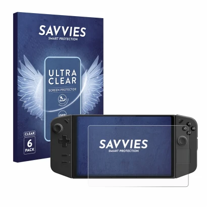 Vorderseite einer Produktverpackung mit dem Markenlogo Savvies. Daneben ist das Gerät Lenovo Legion Go mit dem zugehörigen Dis