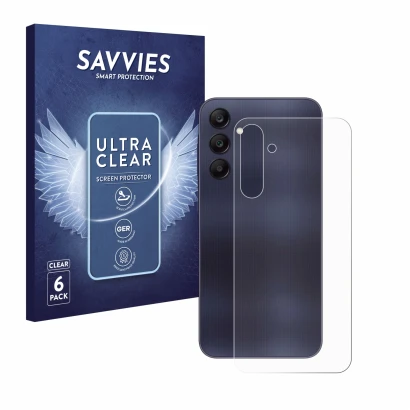 Vorderseite einer Produktverpackung mit dem Markenlogo Savvies. Daneben ist das Gerät Samsung Galaxy A25 5G (Rückseite) mit de