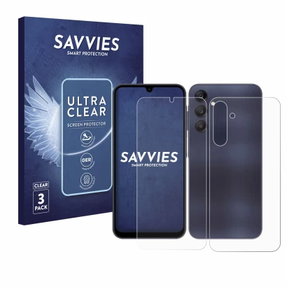 Vorderseite einer Produktverpackung mit dem Markenlogo Savvies. Daneben ist das Gerät Samsung Galaxy A25 5G (Display+Rückseite