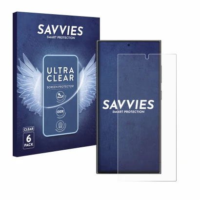 Vorderseite einer Produktverpackung mit dem Markenlogo Savvies. Daneben ist das Gerät Samsung Galaxy S24 Ultra (case-friendly)