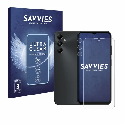 Vorderseite einer Produktverpackung mit dem Markenlogo Savvies. Daneben ist das Gerät Samsung Galaxy A05s (Display+Kamera) mit