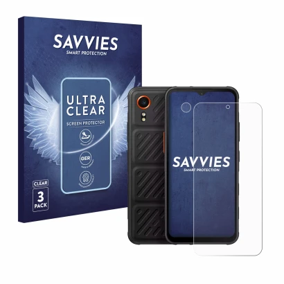 Vorderseite einer Produktverpackung mit dem Markenlogo Savvies. Daneben ist das Gerät Samsung Galaxy XCover 7 (Display+Kamera)