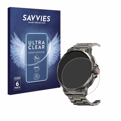 Vorderseite einer Produktverpackung mit dem Markenlogo Savvies. Daneben ist das Gerät Tesofit Smartwatch 1.85" (rund) mit dem 