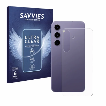 Vorderseite einer Produktverpackung mit dem Markenlogo Savvies. Daneben ist das Gerät Samsung Galaxy S24 (Rückseite) mit dem z