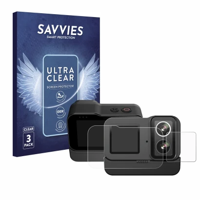 Vorderseite einer Produktverpackung mit dem Markenlogo Savvies. Daneben ist das Gerät SJCAM SJ20 Dual Lens mit dem zugehörigen