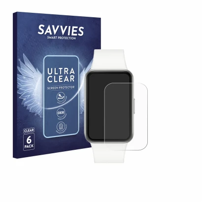 Vorderseite einer Produktverpackung mit dem Markenlogo Savvies. Daneben ist das Gerät Samsung Galaxy Fit3 mit dem zugehörigen 