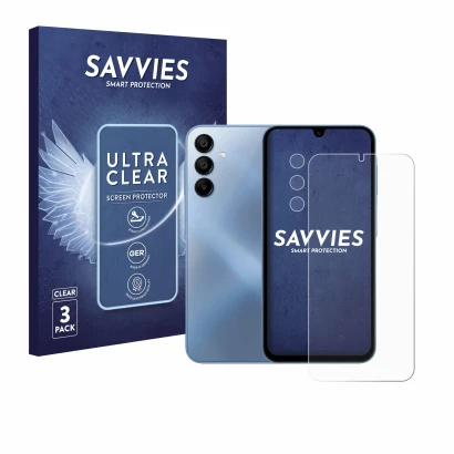 Vorderseite einer Produktverpackung mit dem Markenlogo Savvies. Daneben ist das Gerät Samsung Galaxy A15 (Display+Kamera) mit 