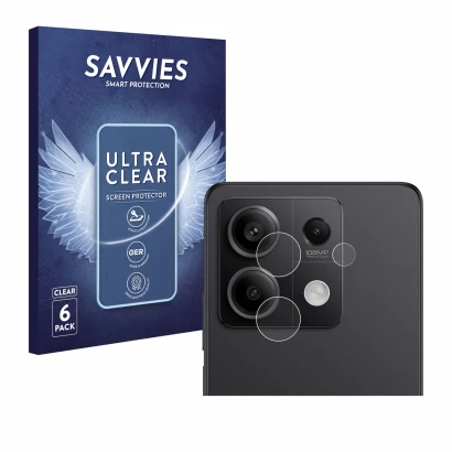 Vorderseite einer Produktverpackung mit dem Markenlogo Savvies. Daneben ist das Gerät Xiaomi Redmi Note 13 Pro 5G (NUR Kameras