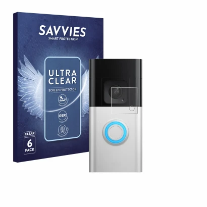 Vorderseite einer Produktverpackung mit dem Markenlogo Savvies. Daneben ist das Gerät Ring Video Doorbell Plus mit dem zugehör