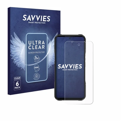 Vorderseite einer Produktverpackung mit dem Markenlogo Savvies. Daneben ist das Gerät Doogee V20S mit dem zugehörigen Displays