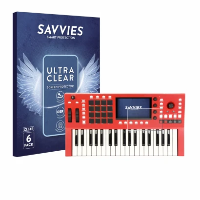 Vorderseite einer Produktverpackung mit dem Markenlogo Savvies. Daneben ist das Gerät Akai Professional MPC Key 37 mit dem zug