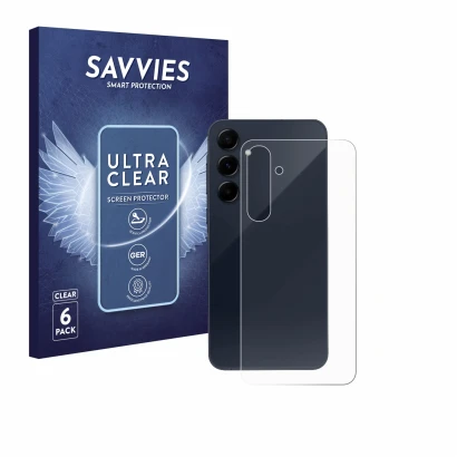 Vorderseite einer Produktverpackung mit dem Markenlogo Savvies. Daneben ist das Gerät Samsung Galaxy A55 5G (Rückseite) mit de