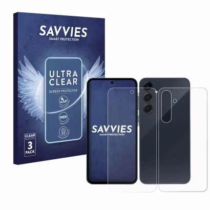 Vorderseite einer Produktverpackung mit dem Markenlogo Savvies. Daneben ist das Gerät Samsung Galaxy A55 5G (Display+Rückseite