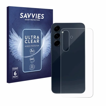 Vorderseite einer Produktverpackung mit dem Markenlogo Savvies. Daneben ist das Gerät Samsung Galaxy A35 5G (Rückseite) mit de