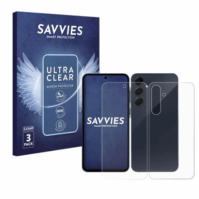 Vorderseite einer Produktverpackung mit dem Markenlogo Savvies. Daneben ist das Gerät Samsung Galaxy A35 5G (Display+Rückseite