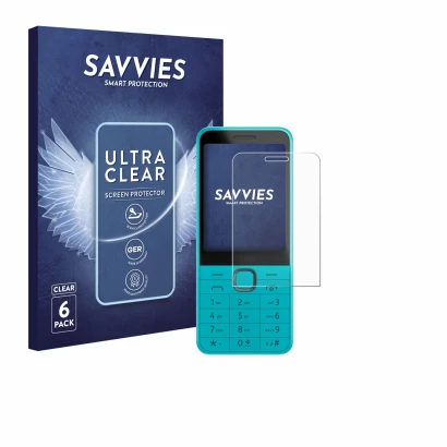 Vorderseite einer Produktverpackung mit dem Markenlogo Savvies. Daneben ist das Gerät Nokia 235 4G (2024) mit dem zugehörigen 
